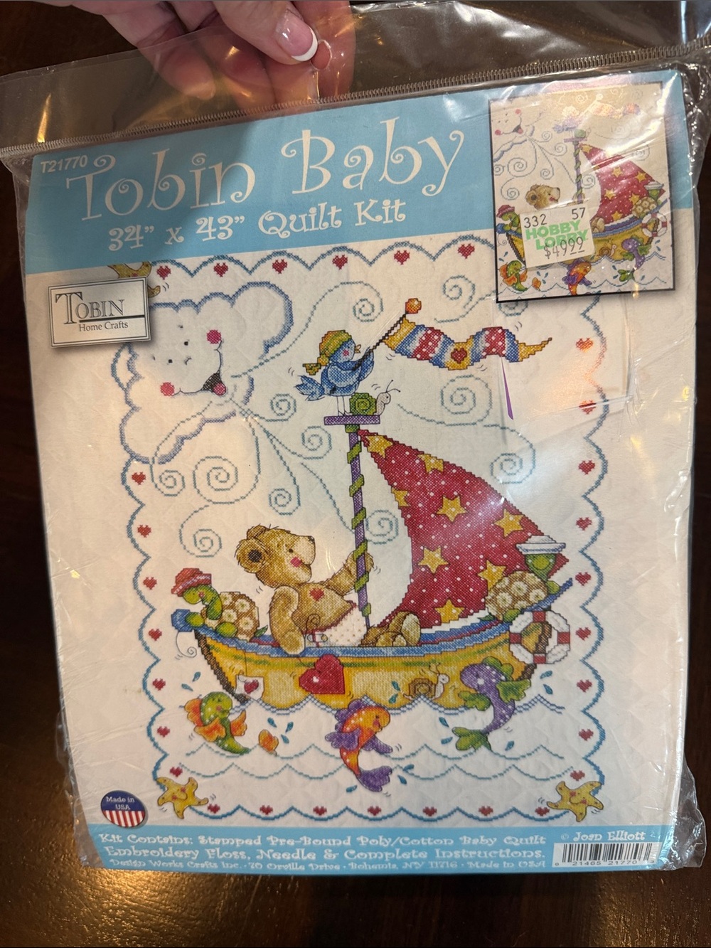 Hobby Lobby Tobin Baby Quilt Kit with Colorful Bear & Boat Design Embroidery